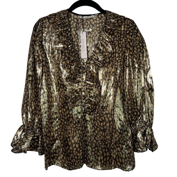 NWT alice + olivia SILK Blend‎ Leopard Print V neck Ruffle Trim Blouse SMALL - Picture 3 of 15